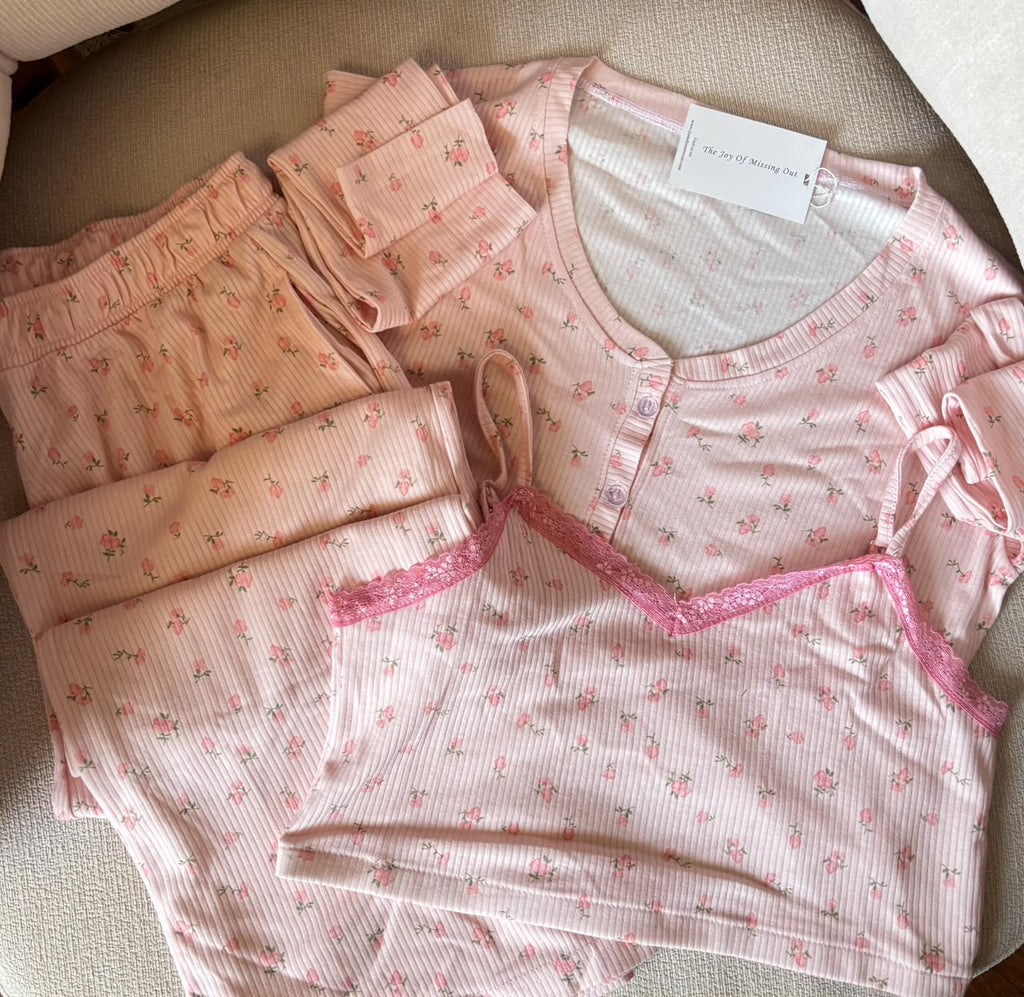 Cozy Bloom Ribbed Baby Pink 3-Piece Pajama