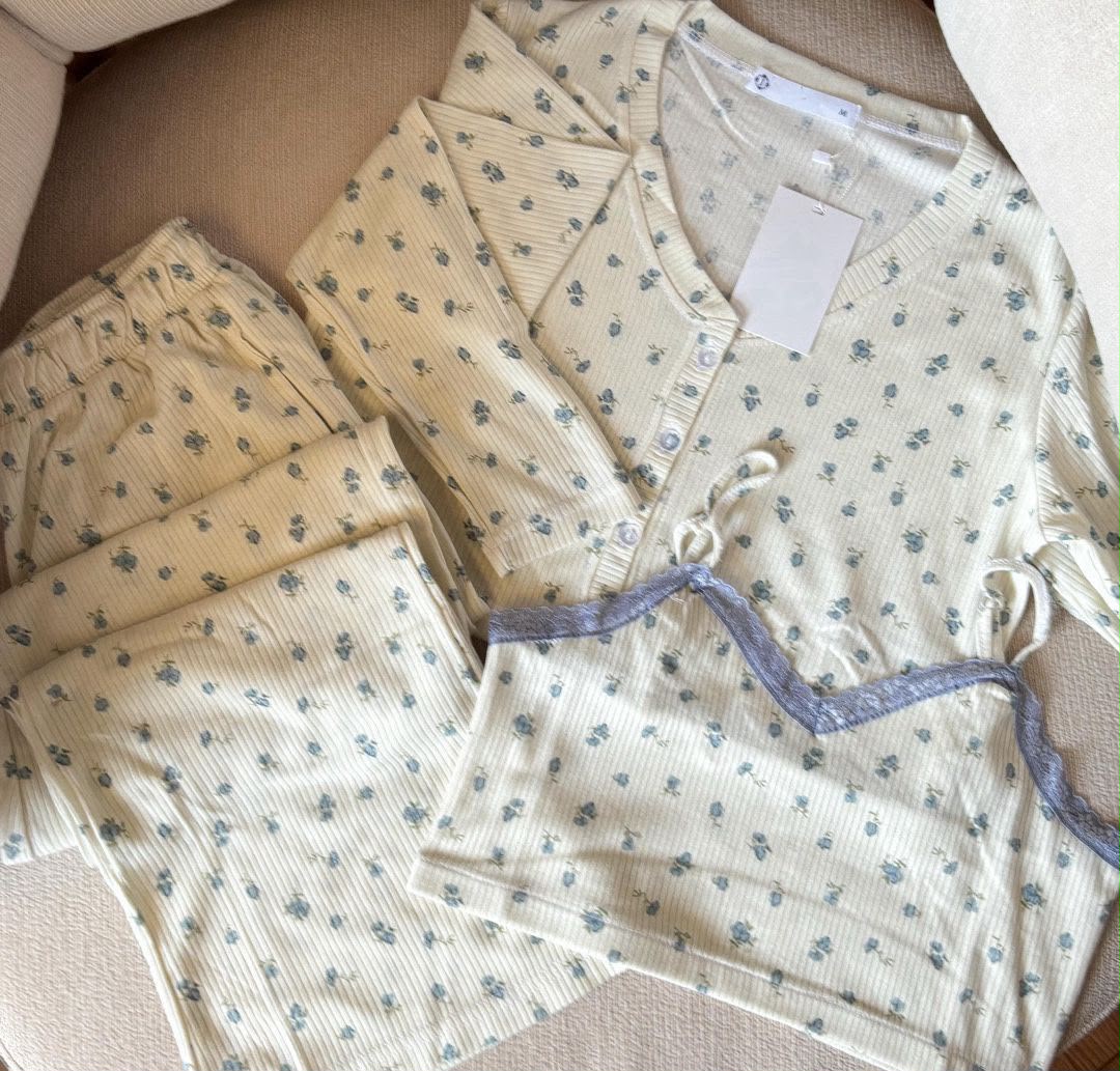 Cozy Bloom Ribbed Offwhite 3 Pieces Pajama