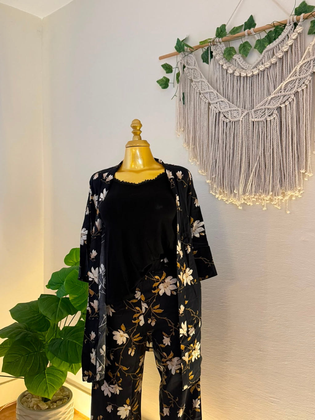 Black Floral Bloom 3-Piece Pajama Set