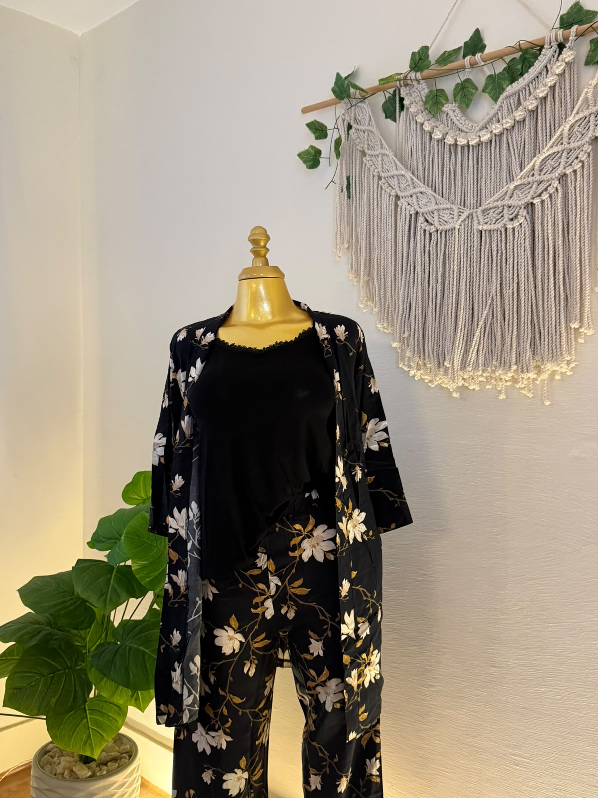 Black Floral Bloom 3-Piece Pajama Set