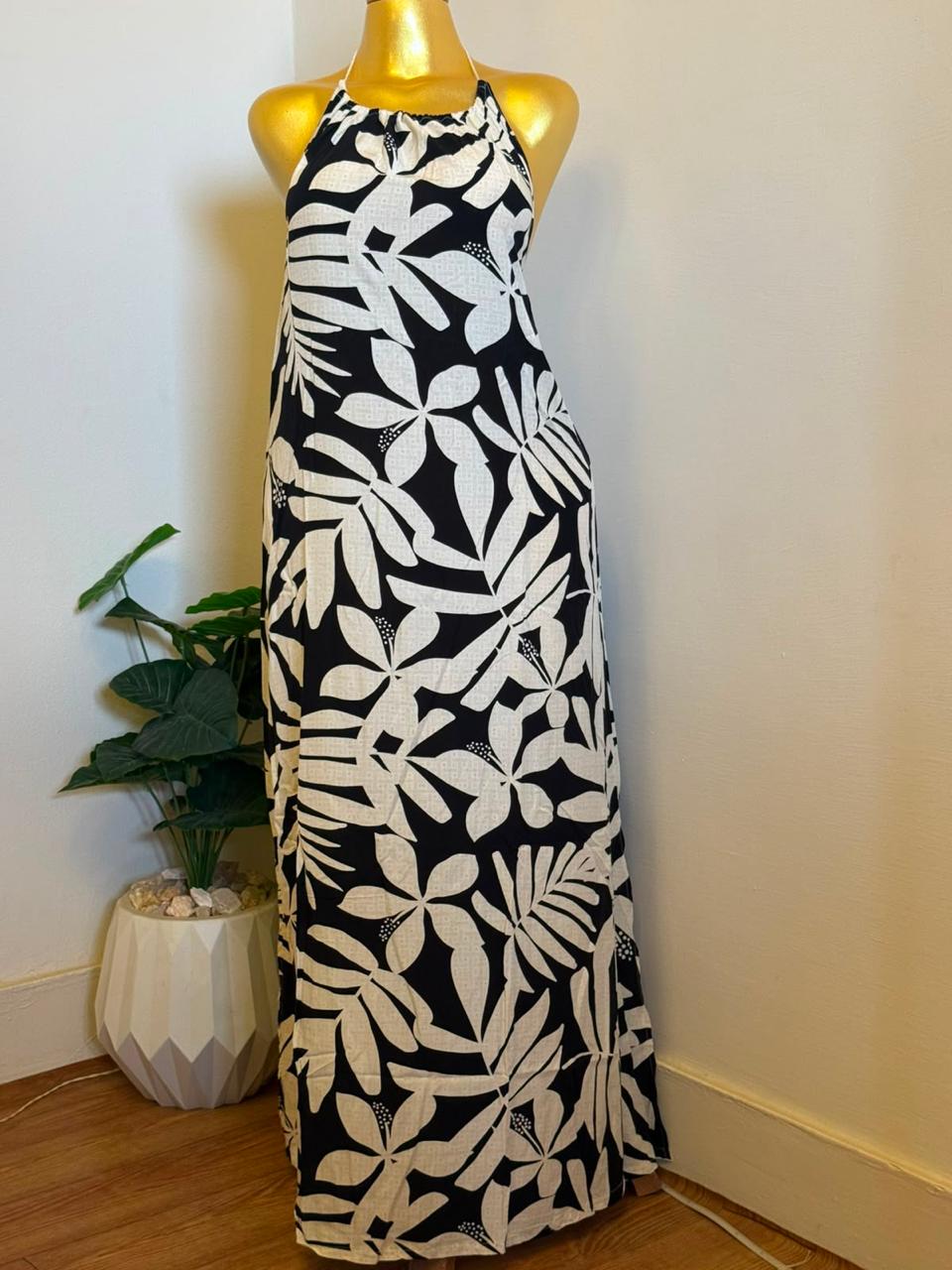 Tropical Print Halter Black Dress