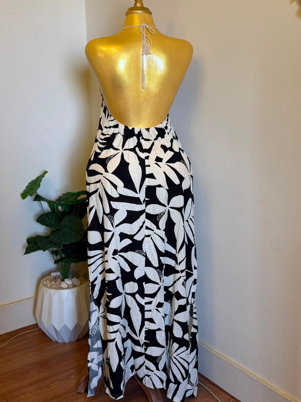 Tropical Print Halter Black Dress