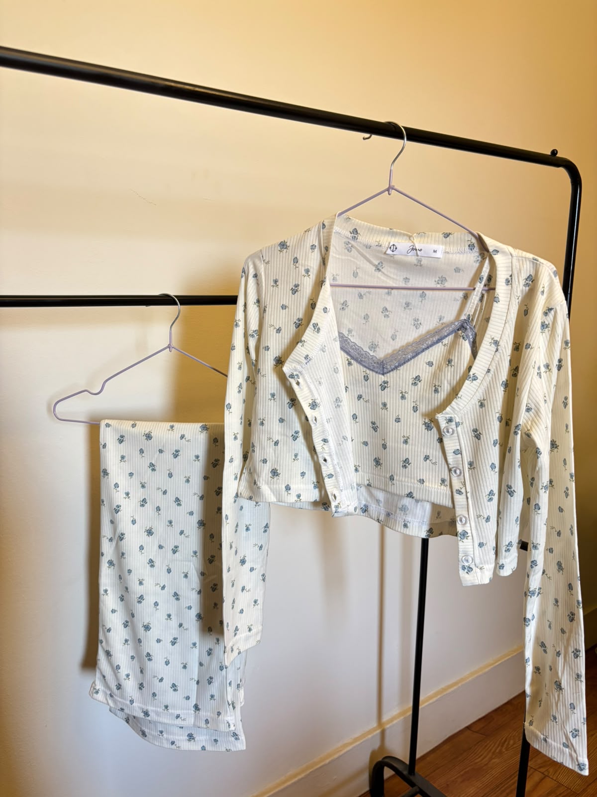 Cozy Bloom Ribbed Pajama Set – Soft Off White , 3-Piece
