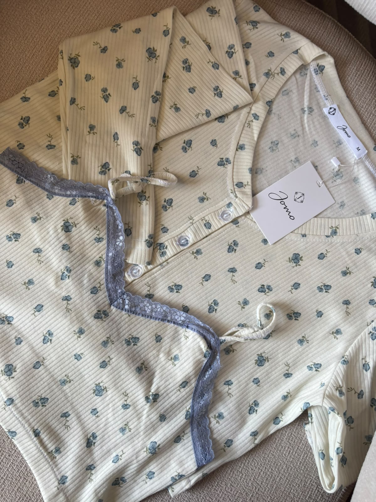 Cozy Bloom Ribbed Pajama Set – Soft Off White , 3-Piece