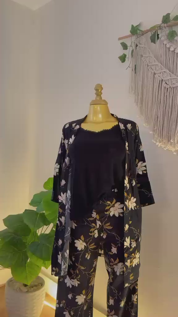 Black Floral Bloom 3-Piece Pajama Set