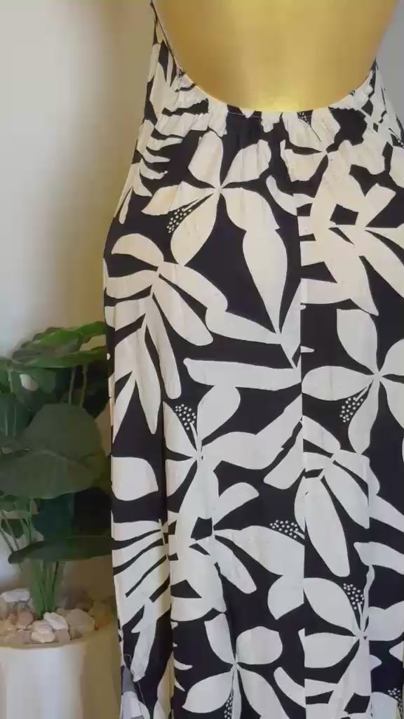 Tropical Print Halter Black Dress