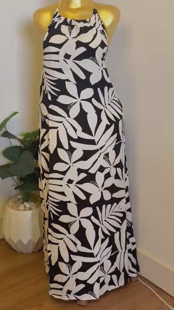 Tropical Print Halter Black Dress